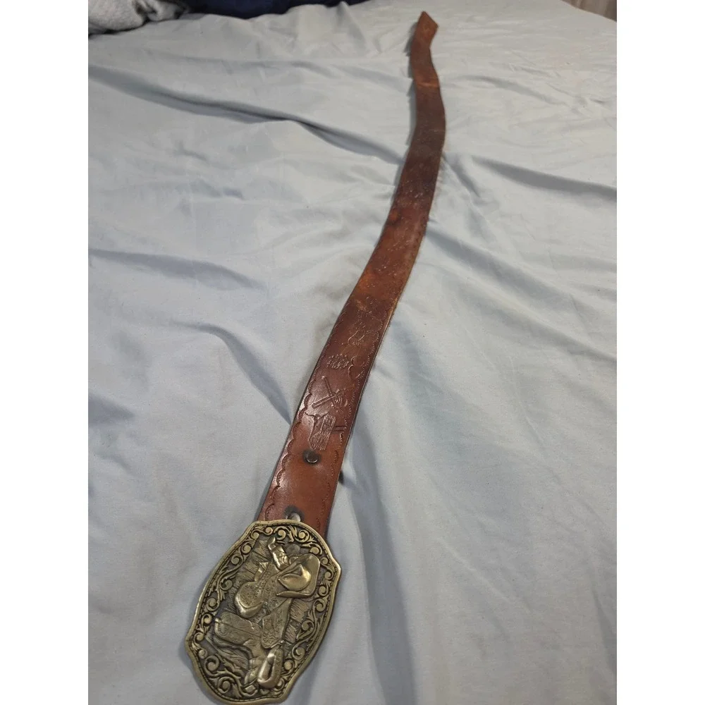 Vintage Award Design Medals Solid Brass Cowboy Buckle Hand Tooled Leather Belt